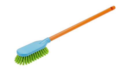 Isolated long-handled brush with light blue head and vibrant green bristles for cleaning jobs