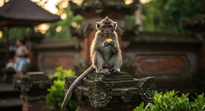 Monkey Sitting on Stone Structure in Bali Temple at Sunset.