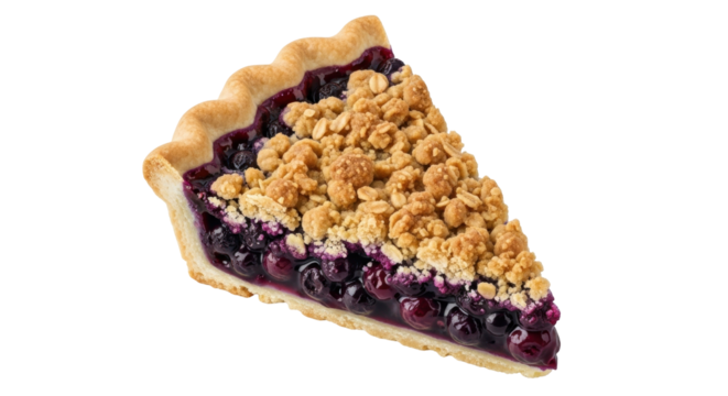 Isolated Slice of Blueberry Crumble Pie Dessert, Sweet Pastry with Fluted Crust & Topping Crumbs