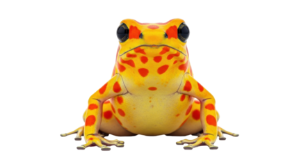 Isolated golden poison frog resting, looking directly forward at viewer, attractive amphibian