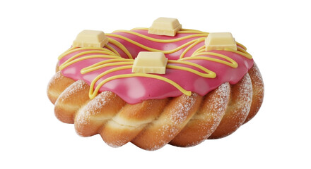 Isolated delicious cake doughnut with pink icing, yellow drizzle, and white chocolate squares