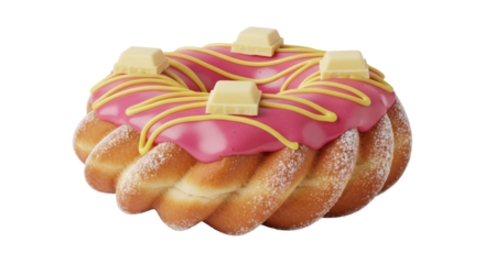 Isolated delicious cake doughnut with pink icing, yellow drizzle, and white chocolate squares