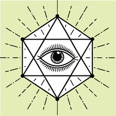 Sacred eye inside geometric hexagon with radiant lines, symbolizing mysticism and spiritual awakening