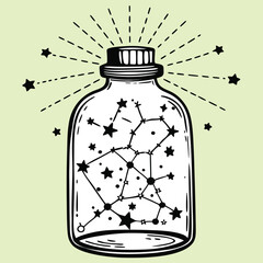 Star constellation in bottle with glowing celestial symbols and magical cosmic energy