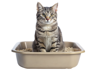  A Cat Sitting Inside of a Litter Box.  isolated on white background ,PNG. AI Generated.