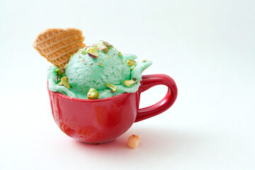 Refreshing mint ice cream served in a red mug with a cookie