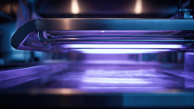 Ultraviolet light sanitizing a surface for cleanliness and hygiene. A close-up view of UV light system, likely for disinfecting surfaces in professional cleaning setting, emitting bright purple glow