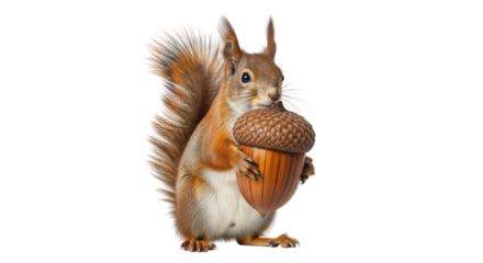 Isolated squirrel holding an acorn, full body, looking straight forward, small rodent pet