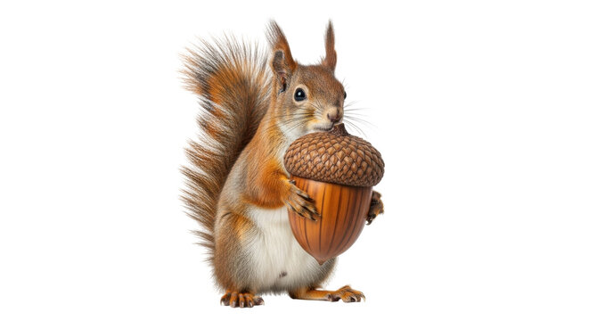 Isolated squirrel holding an acorn, full body, looking straight forward, small rodent pet - Powered by Adobe