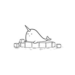A cute cartoon narwhal resting on a block of ice surrounded by ice cubes in a black and white illustration © Tufail