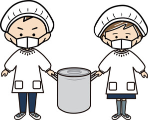 給食当番で大鍋を運ぶ男の子と女の