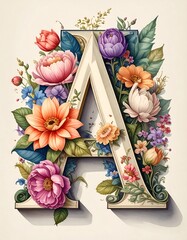 Ornate capital letter A adorned with vibrant flowers