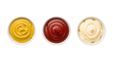 transparent ceramic bowls with bright yellow mustard, vibrant red ketchup, and creamy pale mayonnaise on a transparent background, high-end commercial food product concept