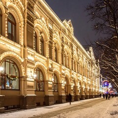 Ornate building, illuminated at night, snow