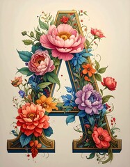 Ornate capital letter "A" embellished with vibrant flowers and foliage
