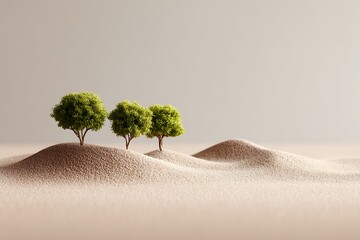 Green trees planted desert sand showing environmental transformation