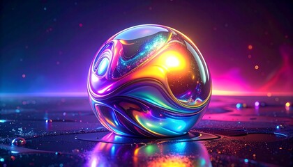 A reflective, glowing sphere sits in a colorful, futuristic setting