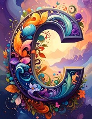 Ornate capital letter C, floral and decorative