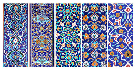 Collection of background with traditional islamic tile decor. Set of vertical or horizontal banners with intricate detail of ancient mosaic walls with floral and geometric ornament