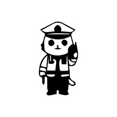 Illustration of a cute traffic police cartoon character in various poses and activities, such as giving hand signals, directing traffic, stopping vehicles, and standing next to a police motorcycle. Ch