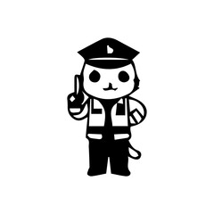 Illustration of a cute traffic police cartoon character in various poses and activities, such as giving hand signals, directing traffic, stopping vehicles, and standing next to a police motorcycle. Ch