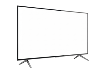 A sleek, black flat-screen smart television with a blank white screen on a minimalist grey metallic stand, against a transparent studio background, concept for modern technology and product display