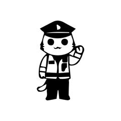 Illustration of a cute traffic police cartoon character in various poses and activities, such as giving hand signals, directing traffic, stopping vehicles, and standing next to a police motorcycle. Ch