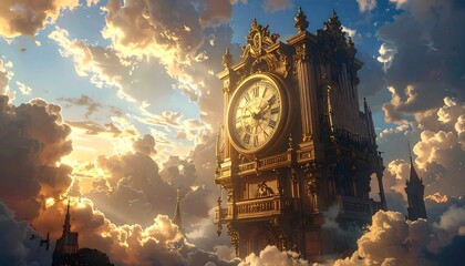 Ornate clock tower floats amidst golden clouds