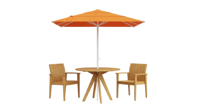 Isolated outdoor patio set including table, two chairs, and an umbrella for backyard relaxation
