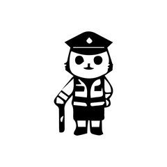 Illustration of a cute traffic police cartoon character in various poses and activities, such as giving hand signals, directing traffic, stopping vehicles, and standing next to a police motorcycle.