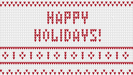 Happy Holidays horizontal banner. Cozy template with knitted effect. Red congratulations on gray background. Vector graphic