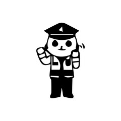 Illustration of a cute traffic police cartoon character in various poses and activities, such as giving hand signals, directing traffic, stopping vehicles, and standing next to a police motorcycle. Ch