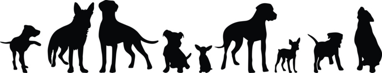 Silhouettes of various dog breeds in different poses and sizes, showcasing pet diversity, canine shapes, and breed identification reference