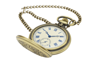 Isolated antique pocket watch shows time of ten past ten, aged bronze finish and chain