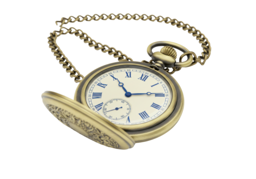 Isolated antique pocket watch shows time of ten past ten, aged bronze finish and chain