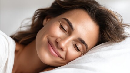 Fototapeta premium A woman lies peacefully in bed, smiling as she enjoys a serene moment of rest. Soft morning light fills the room, creating a cozy and comforting ambiance
