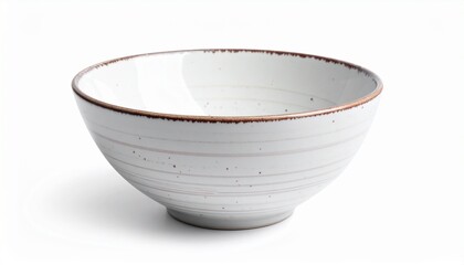 A plain white ceramic bowl with a subtle speckled pattern and smooth surface sits empty against a white background