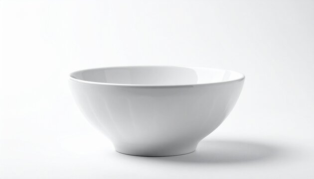 A plain white ceramic bowl with a subtle speckled pattern and smooth surface sits empty against a white background