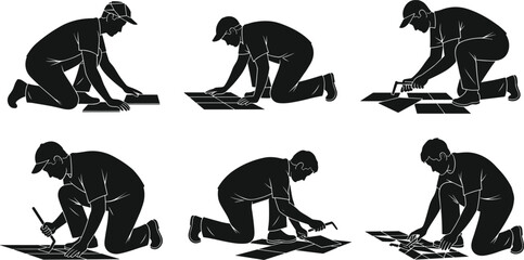 Silhouettes of workers installing floor tiles, kneeling, pressing, aligning, hammering, applying adhesive, construction labor, home improvement process illustration