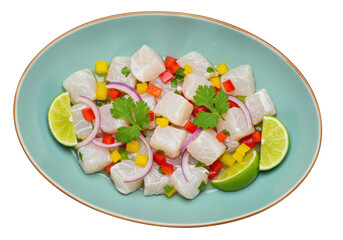 Isolated serving of Peruvian ceviche on a jade plate, with fresh lime, cilantro, and red onion