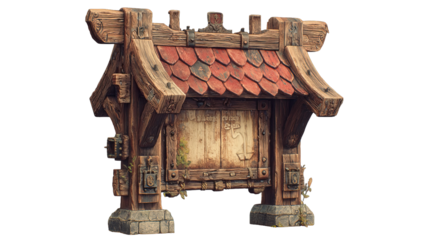 Rustic wooden display stand with tiled roof