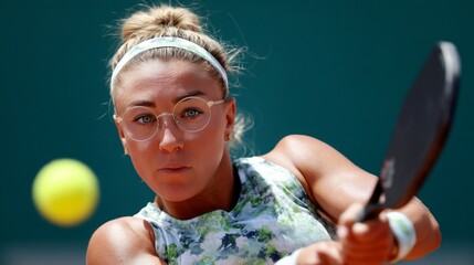 In a vibrant setting, a young female tennis player prepares to strike the incoming ball with determination. Her focused expression reflects the intensity of the match under clear skies
