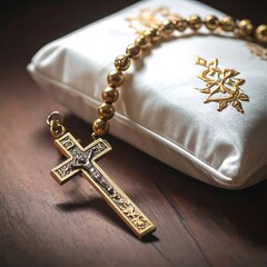 Ornate gold cross and rosary beads on white cloth