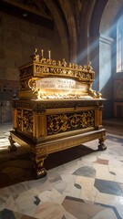 Ornate golden reliquary bathed in sunlight