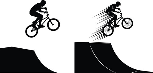 Fototapeta premium Silhouette illustration of BMX rider performing extreme jump stunt on ramp with freestyle motion showing action speed and urban sport style.