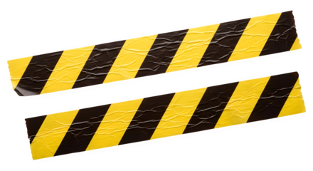 Two strips of yellow and black hazard warning tape isolated on transparent background