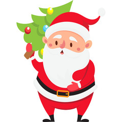 Cartoon Santa Claus Holding A Decorated Christmas Tree Wearing Red Suit Black Belt And Hat With White Trim On Transparent Background Festive Holiday Illustration