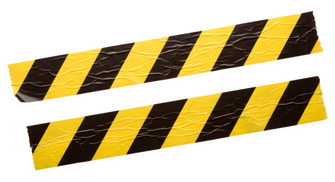 Two strips of yellow and black hazard warning tape isolated on transparent background