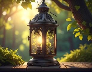Ornate lantern glows in sunlit forest