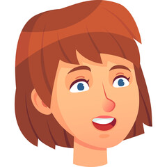 Cartoon Portrait of a Young Woman with Short Brown Hair and Blue Eyes Expressing Joy with a Smile and Open Mouth and Transparent Background